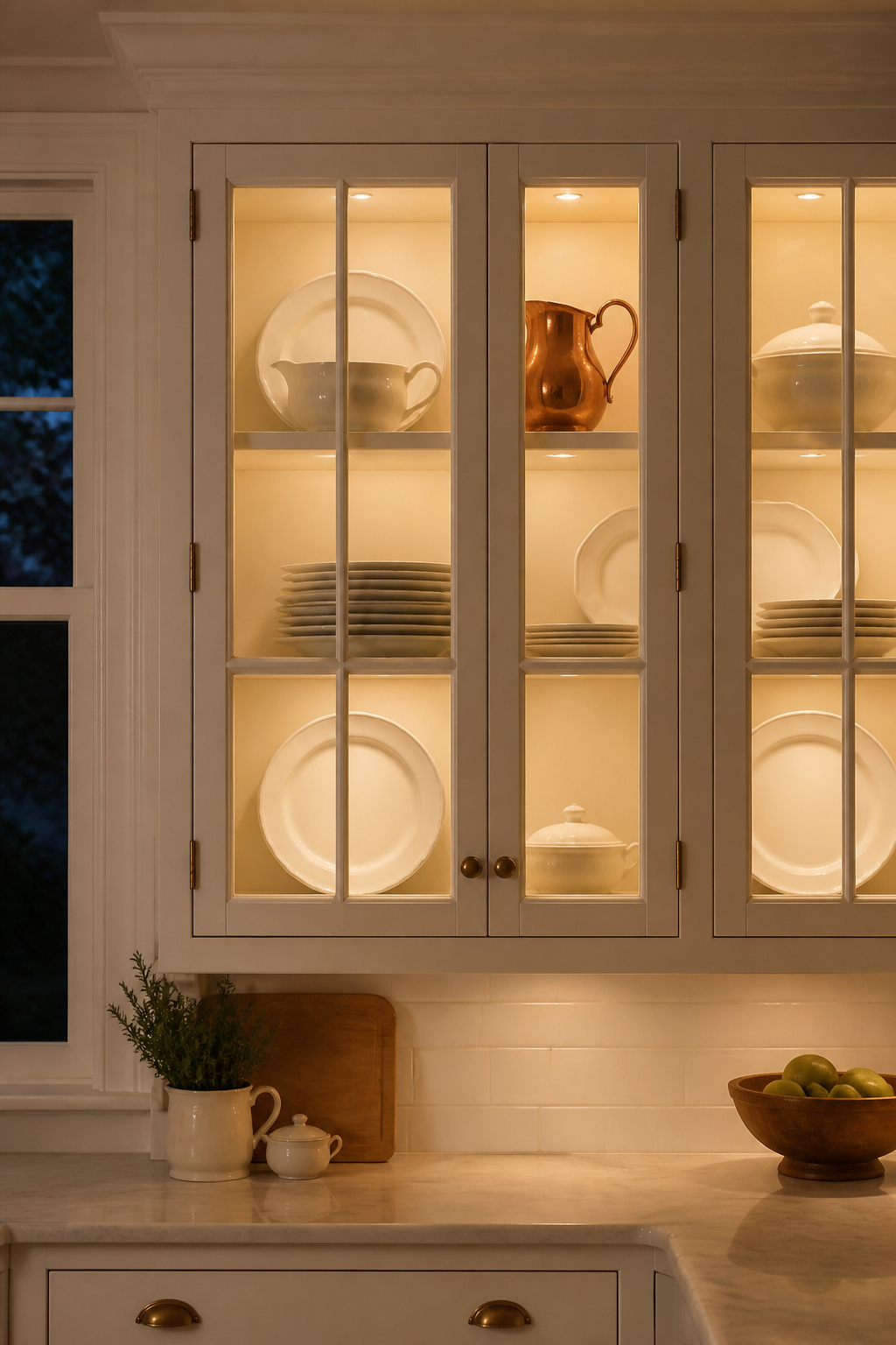Interior LED lighting and a deeper paint tone inside the cabinet make displayed ironstone and copper read against a defined background rather than floating.