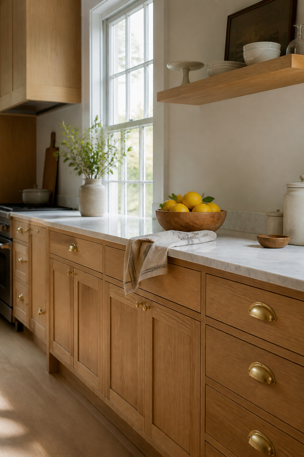 Quarter-sawn white oak brings visible ray fleck grain to this Shaker kitchen, paired with brass cup pulls for a quietly period-appropriate result.