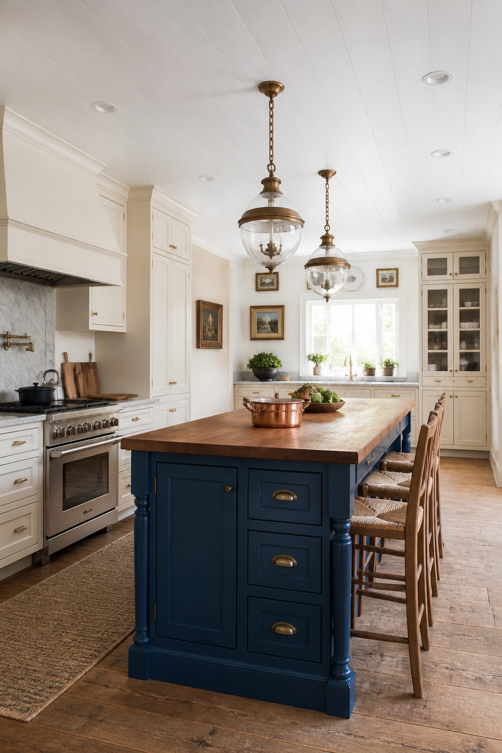 Navy island against cream perimeter — substantial contrast is the rule; two similar mid-tones that look unintentionally mismatched is the error to avoid.