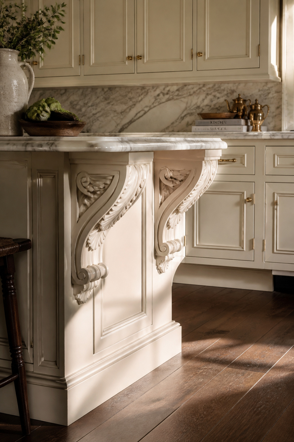 Corbels at peninsula ends resolve the architecturally incomplete detail of a counter overhang with no visible support — the most effective single application of this classical detail in a kitchen.