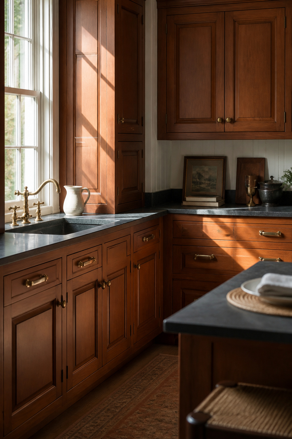 American black cherry deepens to a rich reddish-amber over time, making it the most rewarding wood species for a period-appropriate raised-panel kitchen.