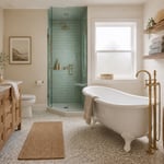 Every beach bathroom idea from this list working together: shiplap, pebble floor, teak shelves, clawfoot tub, seafoam tile shower, and rattan storage in a single serene coastal retreat.