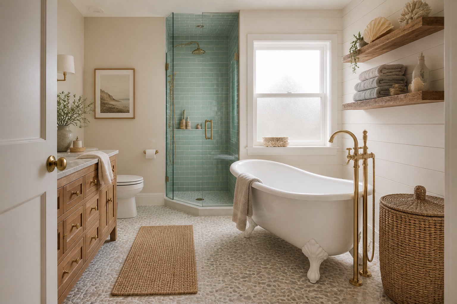 Every beach bathroom idea from this list working together: shiplap, pebble floor, teak shelves, clawfoot tub, seafoam tile shower, and rattan storage in a single serene coastal retreat.