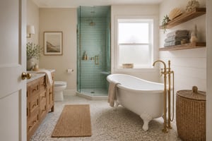 Every beach bathroom idea from this list working together: shiplap, pebble floor, teak shelves, clawfoot tub, seafoam tile shower, and rattan storage in a single serene coastal retreat.