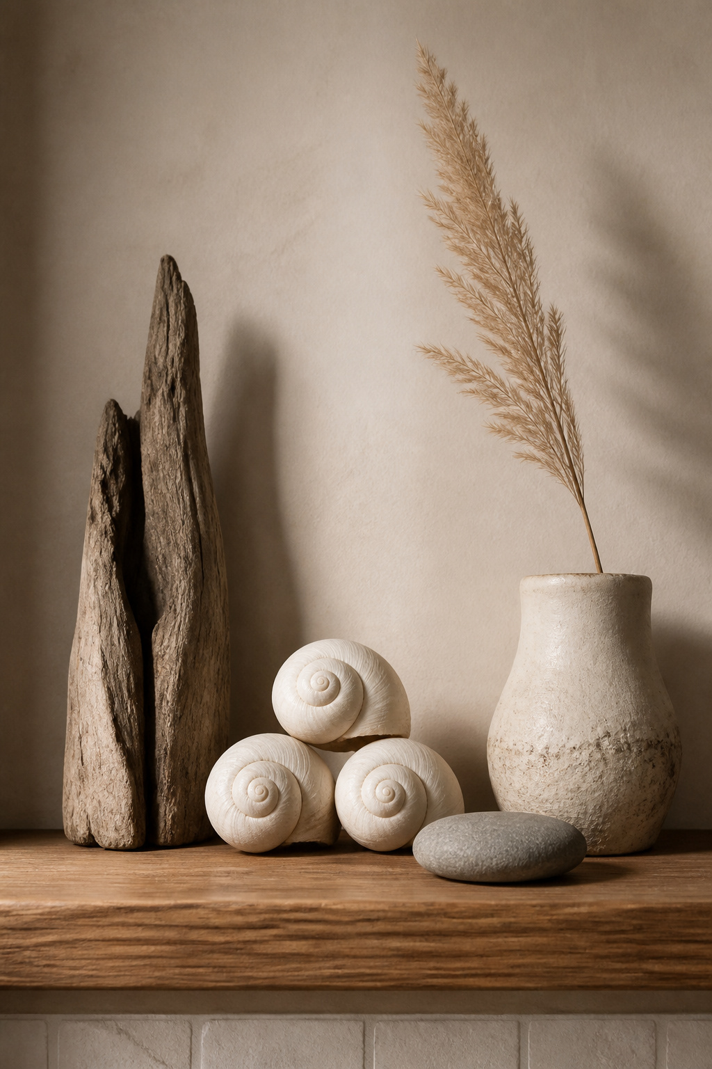 Three natural objects and one quality ceramic — the complete beach bathroom vignette assembled with the restraint principle.