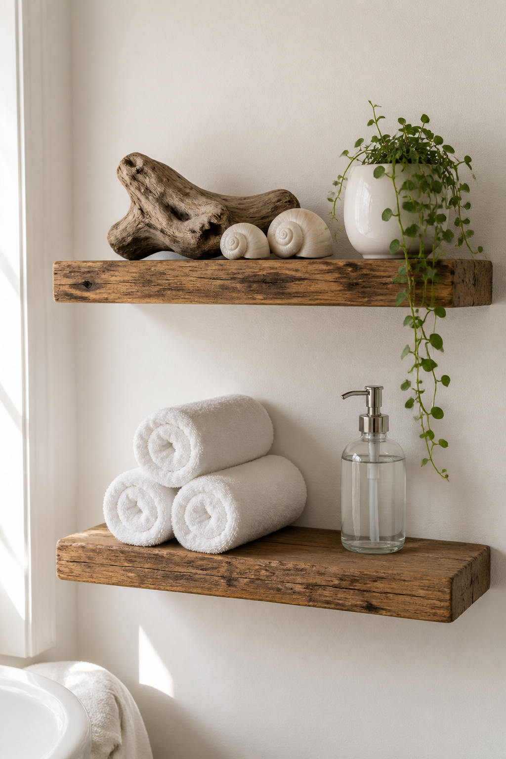Teak floating shelves styled with one-third functional, one-third natural objects, one-third empty space — the coastal bathroom shelf formula.