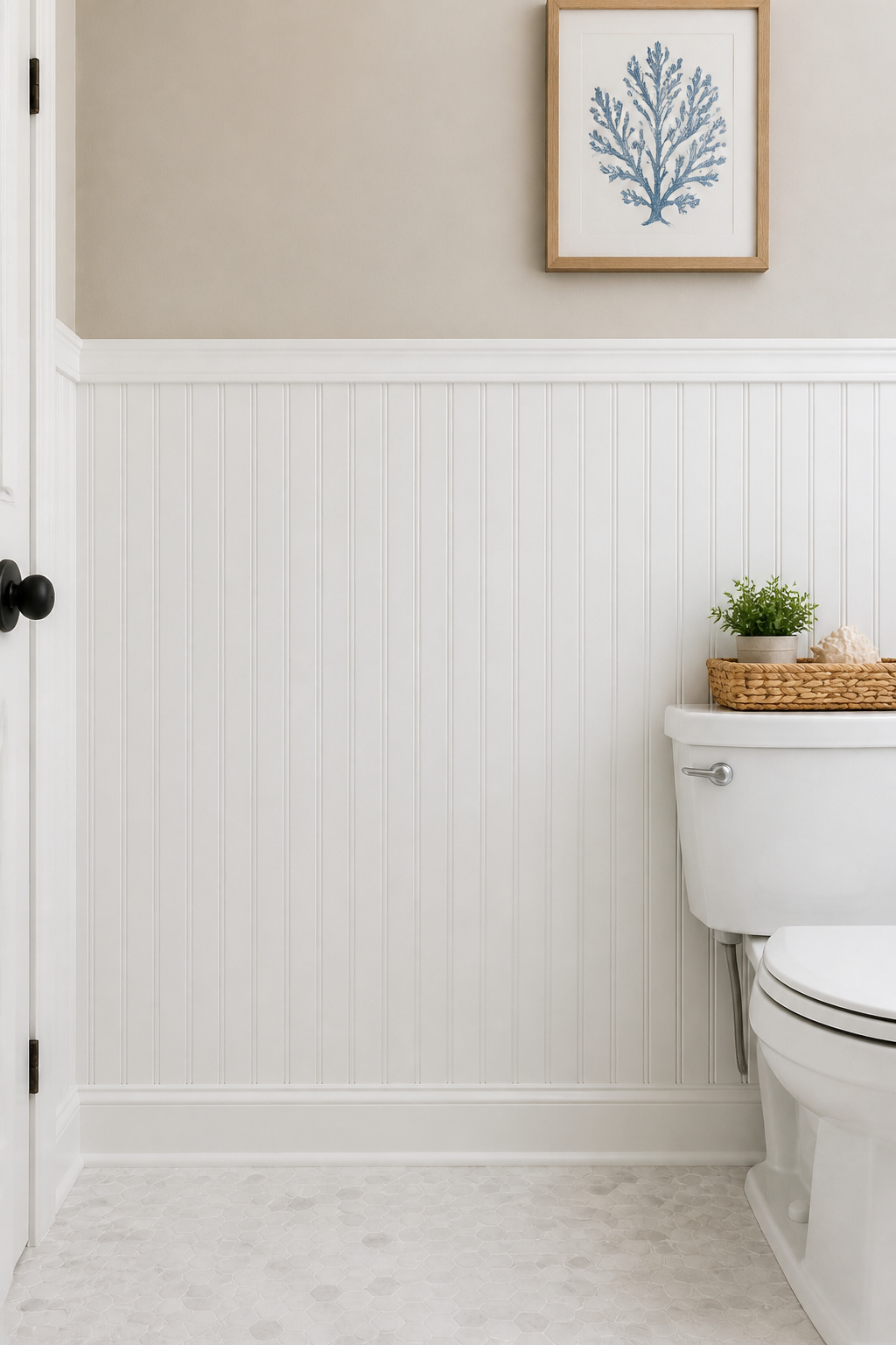 Beadboard wainscoting is the most historically authentic architectural detail in a coastal bathroom — and PVC ensures it stays pristine in bathroom humidity.