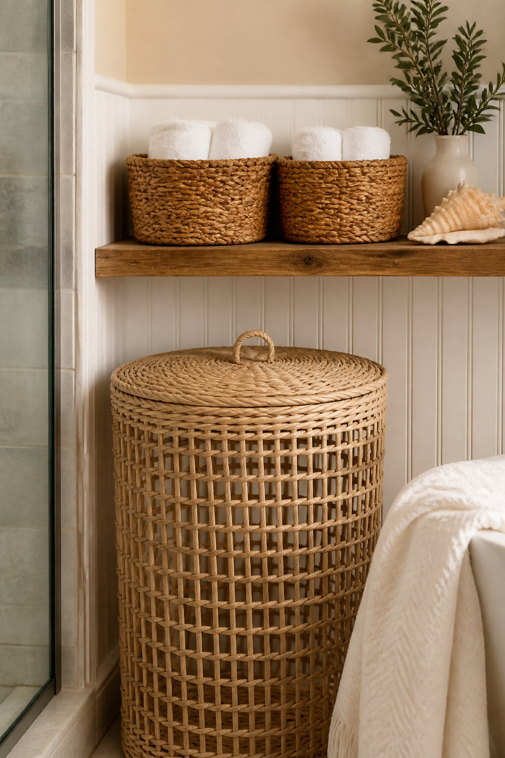 Rattan and seagrass storage introduces the organic warmth that tile and chrome alone cannot deliver in a coastal bathroom.