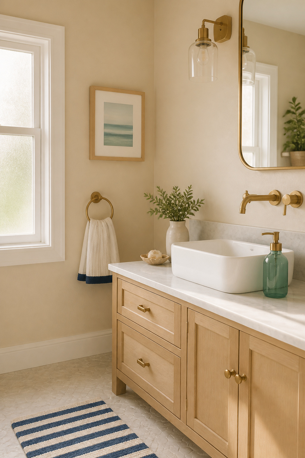 A sandy neutral wall colour makes every coastal accent land with more depth and warmth than a stark white ground.