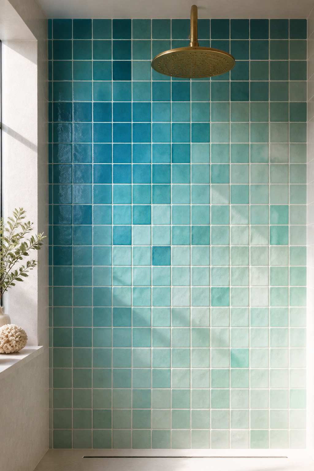 The blue-to-seafoam tile gradient mirrors the visual movement of shallow water — the most immersive of all fifteen beach bathroom ideas.
