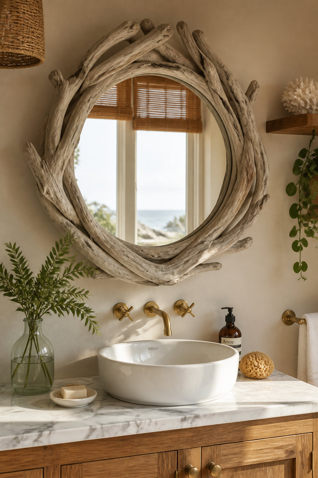 A driftwood mirror frame softens the hard geometry of a beach bathroom vanity with organic coastal warmth.