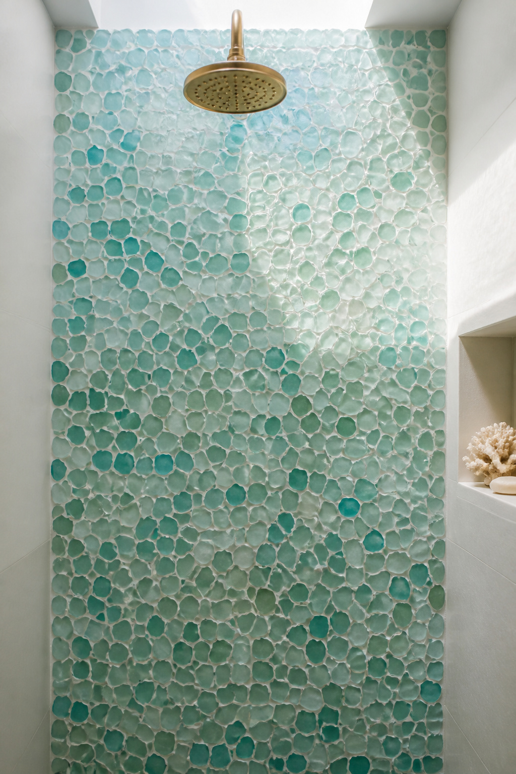 The shimmer and colour-shift of genuine sea glass mosaic tile is best reserved for one feature wall where it can be fully appreciated.