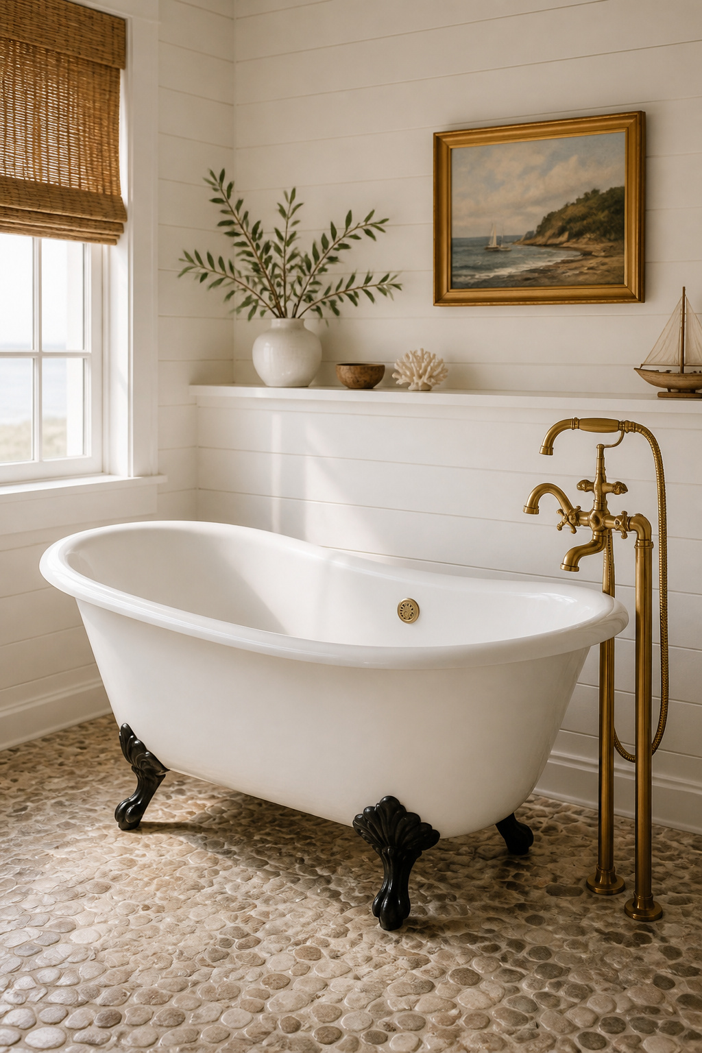 A cast iron clawfoot tub with unlacquered brass fixtures is the centrepiece that transforms a beach bathroom from styled to considered.