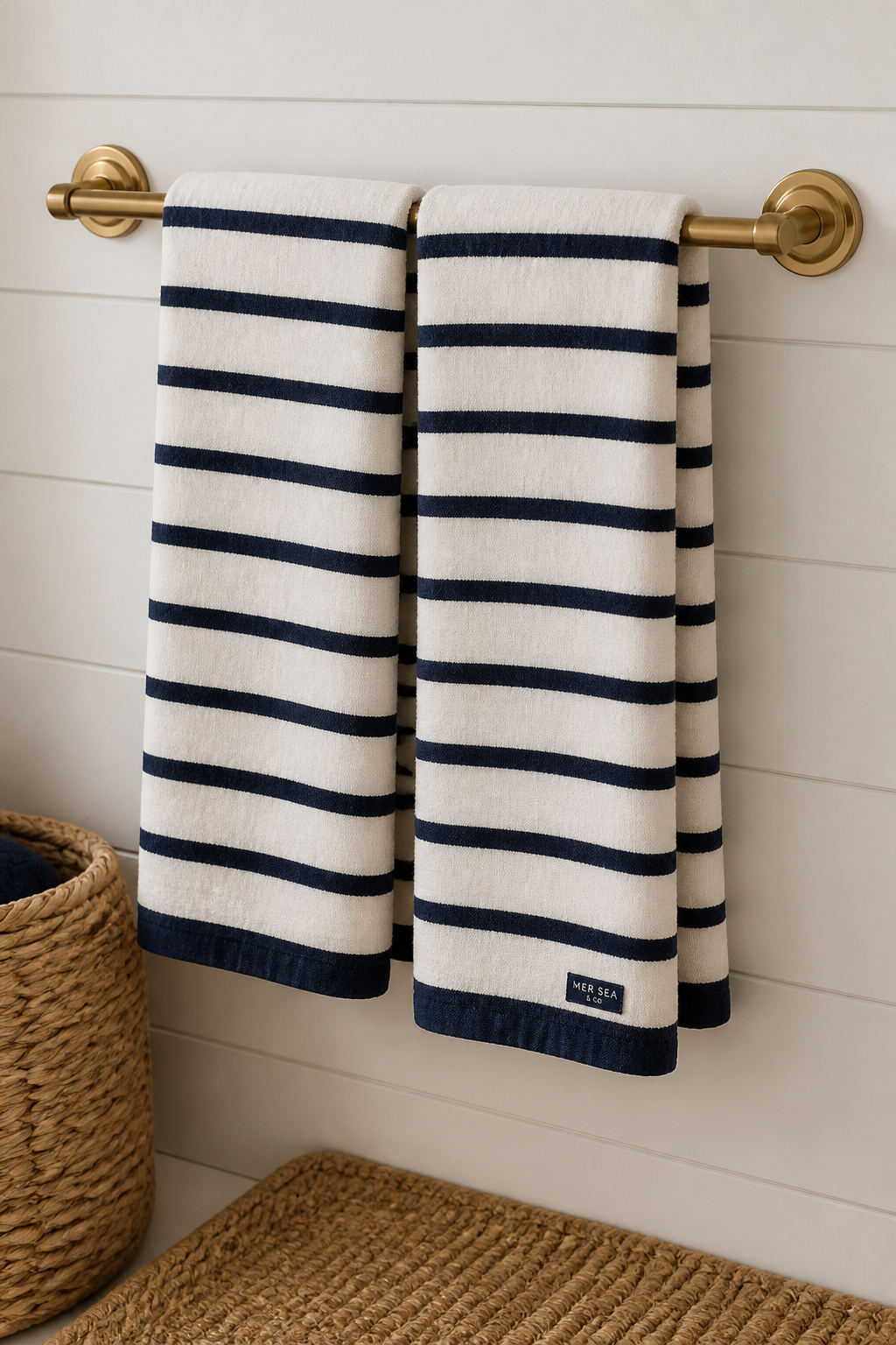 Navy Breton-stripe towels with warm brass fittings deliver the coastal colour palette in its most achievable form.