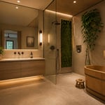 A small bathroom interior designed with wellness at its centre — layered warm lighting, natural materials, biophilic accents, and compact fixtures that together create something that genuinely feels like a retreat.