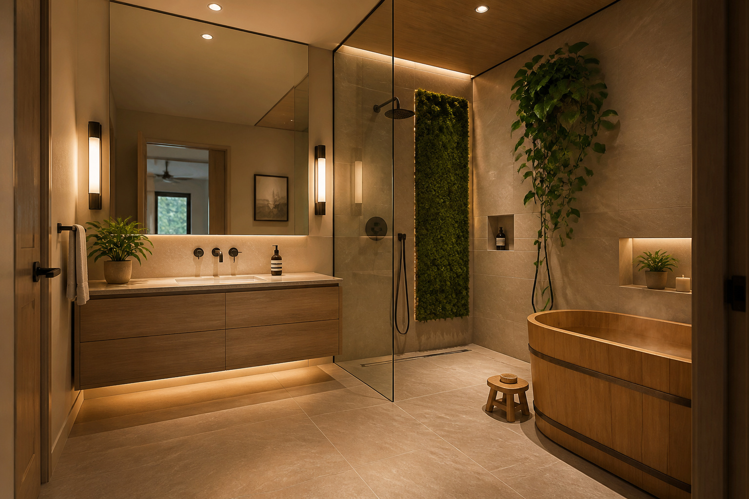 A small bathroom interior designed with wellness at its centre — layered warm lighting, natural materials, biophilic accents, and compact fixtures that together create something that genuinely feels like a retreat.