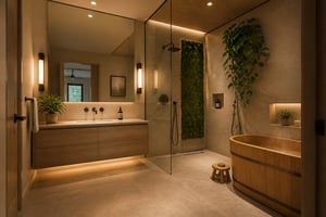 A small bathroom interior designed with wellness at its centre — layered warm lighting, natural materials, biophilic accents, and compact fixtures that together create something that genuinely feels like a retreat.