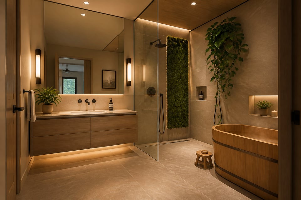 A small bathroom interior designed with wellness at its centre — layered warm lighting, natural materials, biophilic accents, and compact fixtures that together create something that genuinely feels like a retreat.