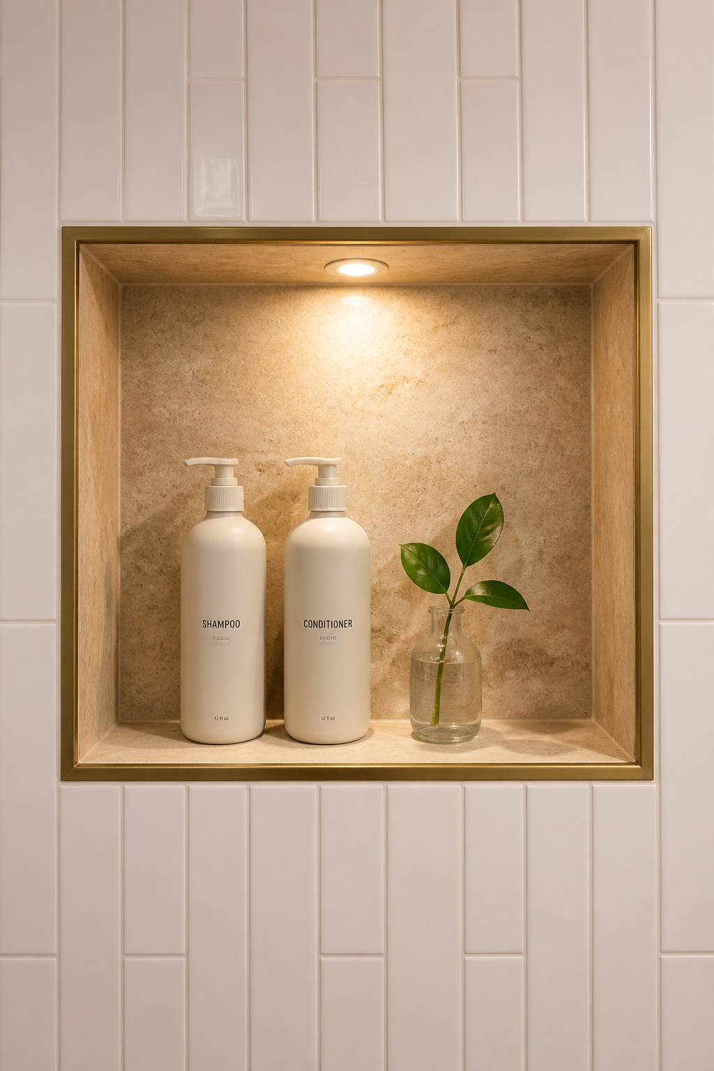 A recessed niche stores three full product bottles inside the wall plane — not a millimetre of projection into the shower space.