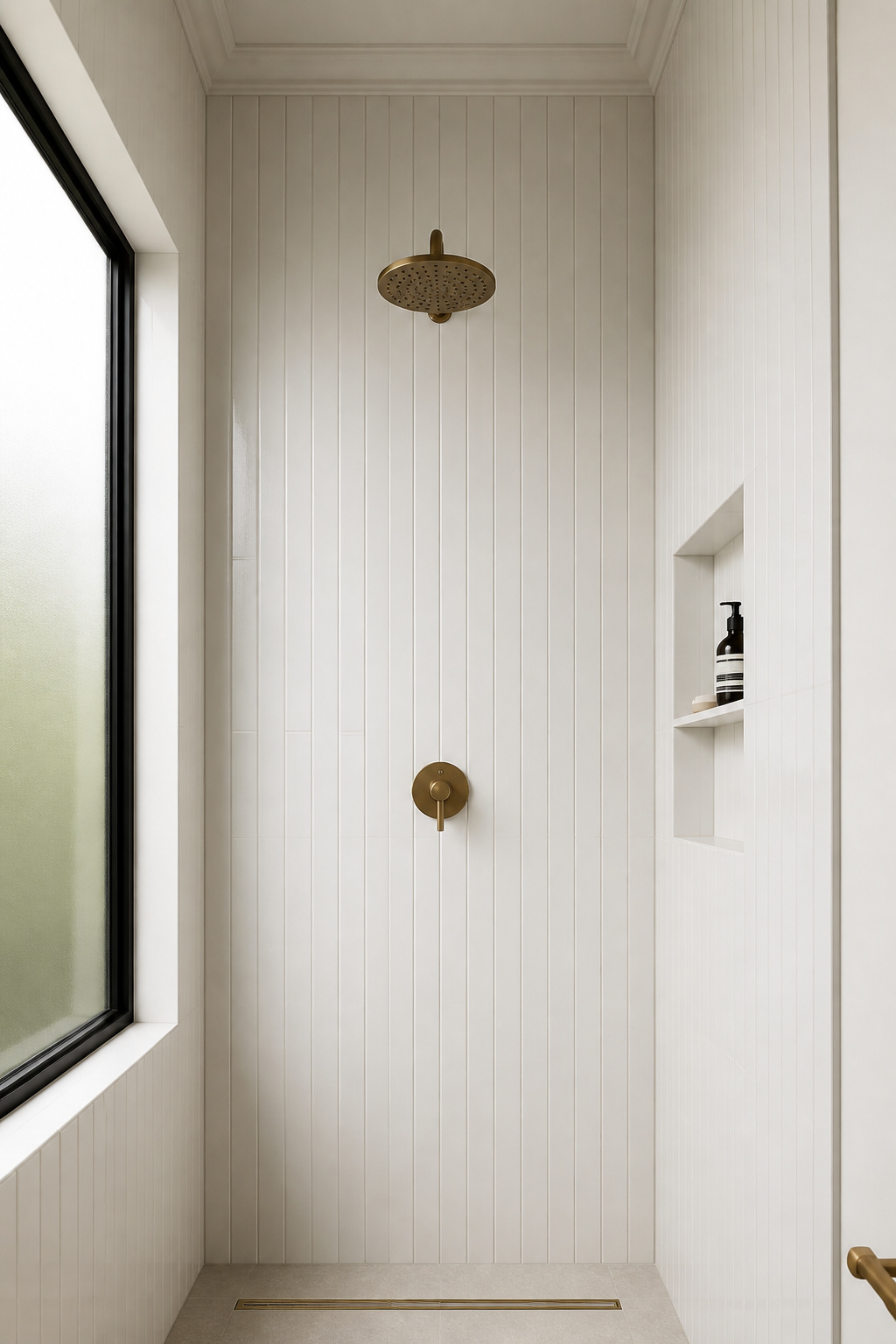 Vertically stacked subway tile — the grout lines act as optical ladder rungs, continuously drawing the eye upward and making the ceiling feel higher than it is.