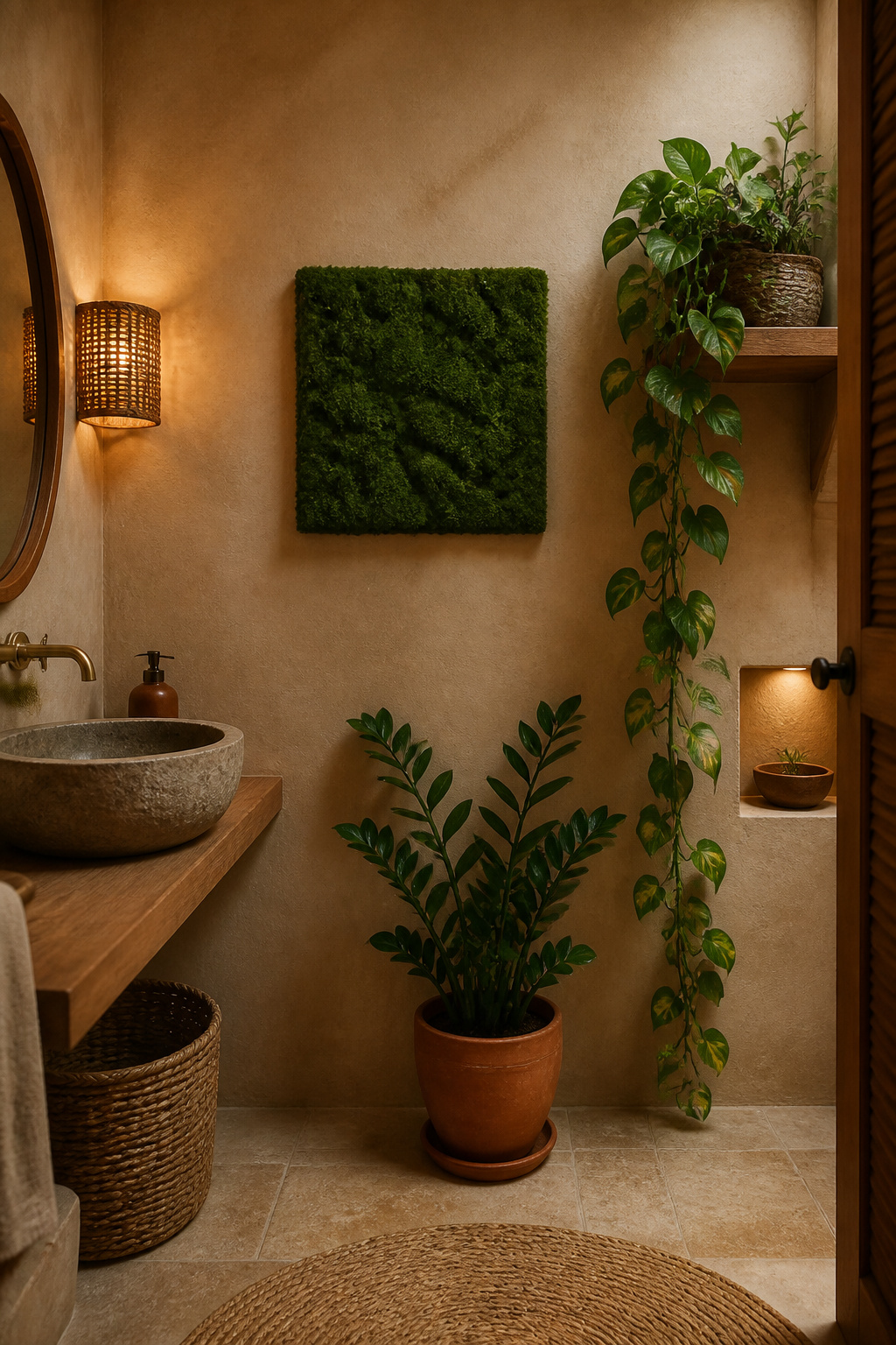 Preserved moss panel paired with living pothos — zero maintenance meets genuine biophilic impact, even in a bathroom with no natural light.