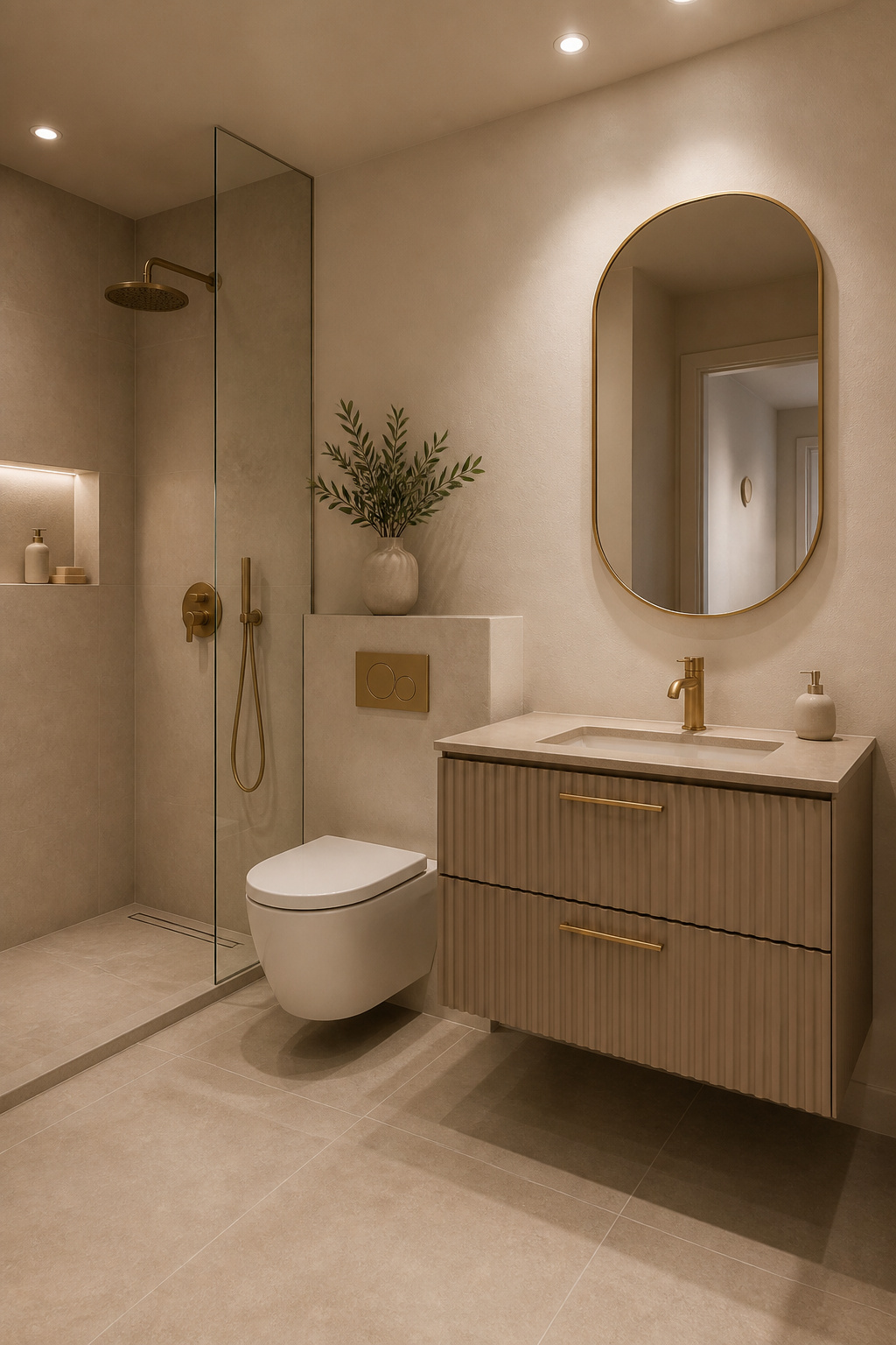 When walls, floor, and vanity share the same earthy colour family, the room stops feeling assembled and starts feeling considered.