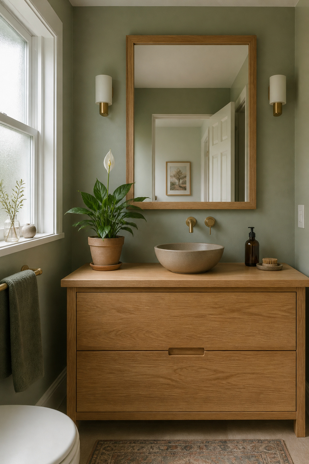 Solid oak, zero-VOC paint, and a peace lily — non-toxic finishes that support the air quality of a room you use every single day.