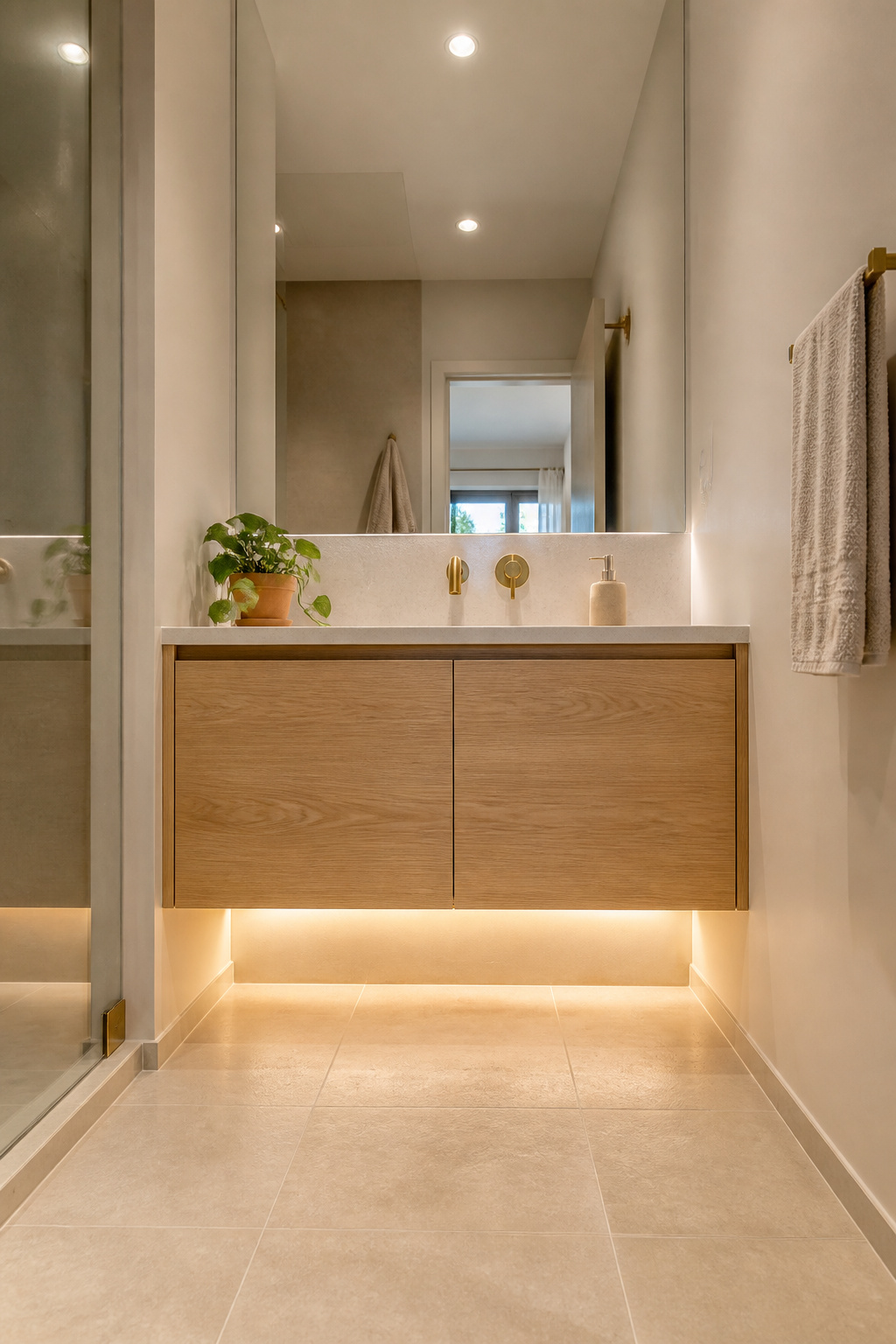 A floating white oak vanity with the floor exposed beneath — the single change that does more for a small bathroom's spatial quality than almost anything else.