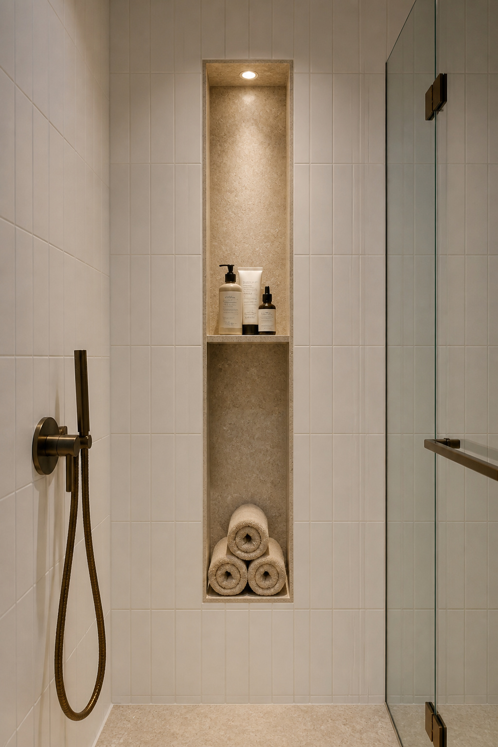 A 1600mm tall niche holds the storage equivalent of a freestanding shelving unit while drawing the eye upward and projecting nothing into the room.