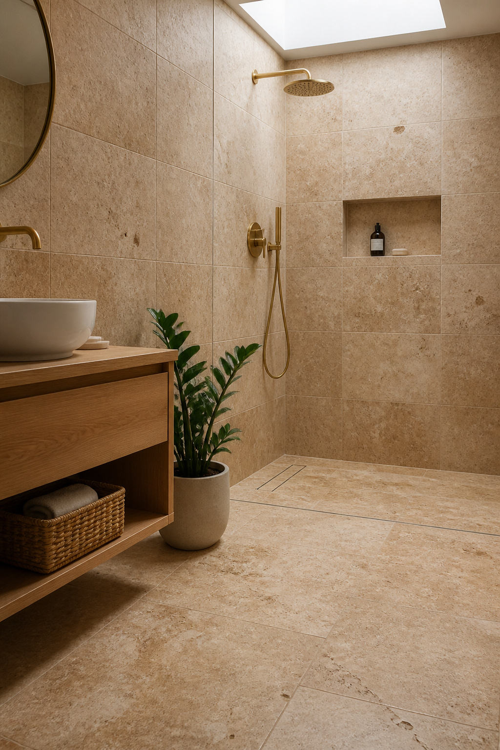 Honed travertine in its natural honey-tan tones — the variation in each tile is what makes it feel grounding rather than repetitive.