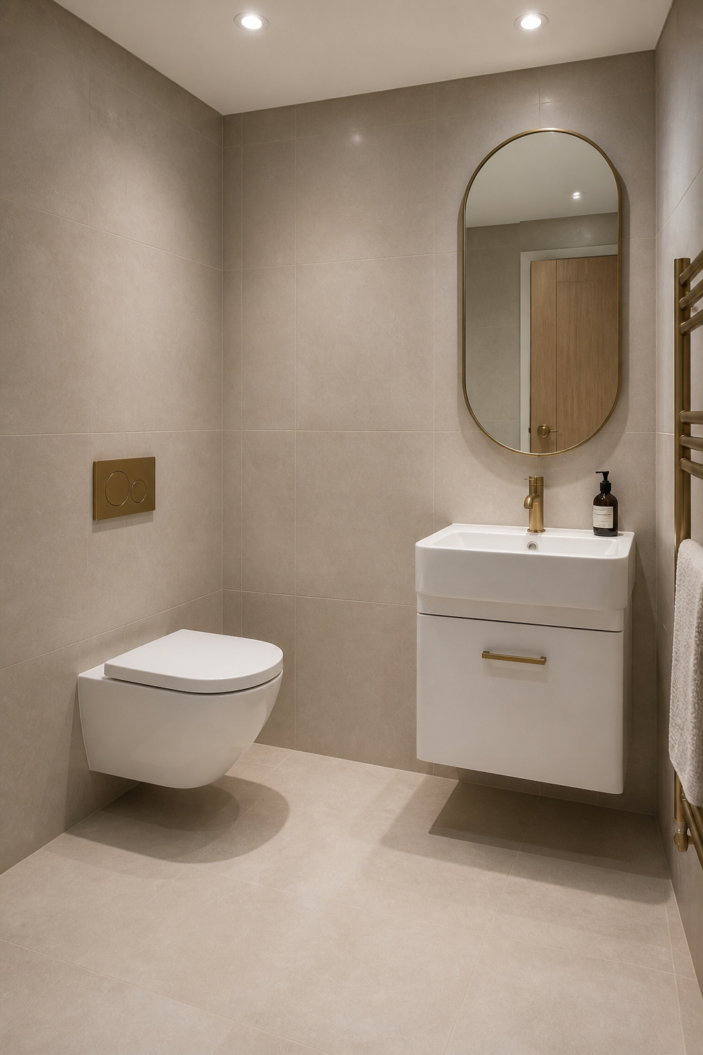 Wall-hung WC and back-to-wall basin together save up to 550mm of floor projection — in a bathroom measured in centimetres, that's transformative.