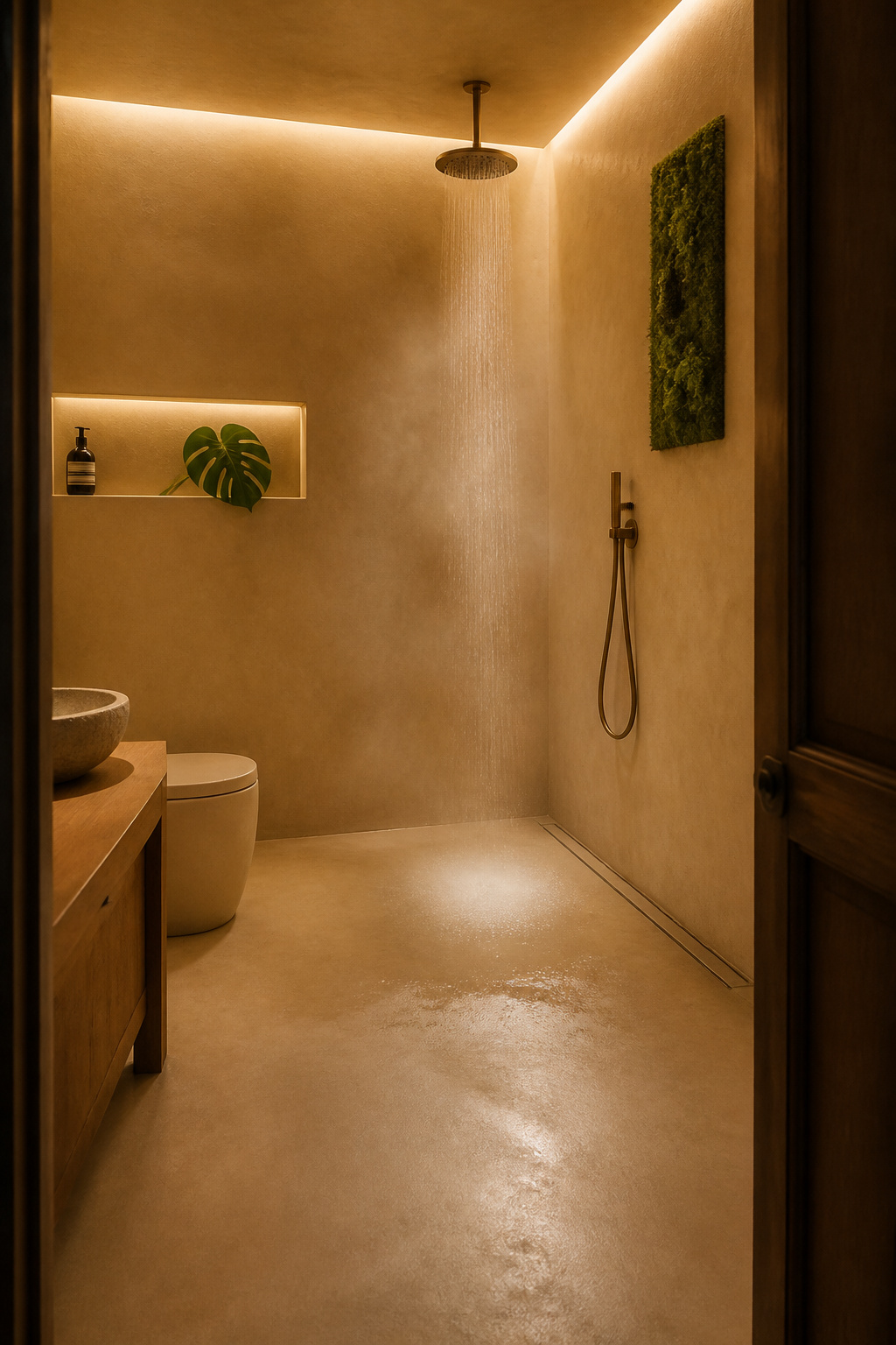 No door, no threshold, no boundary — a doorless walk-in shower lets the floor read as a single continuous plane and removes the visual segmentation that makes small bathrooms feel cramped.