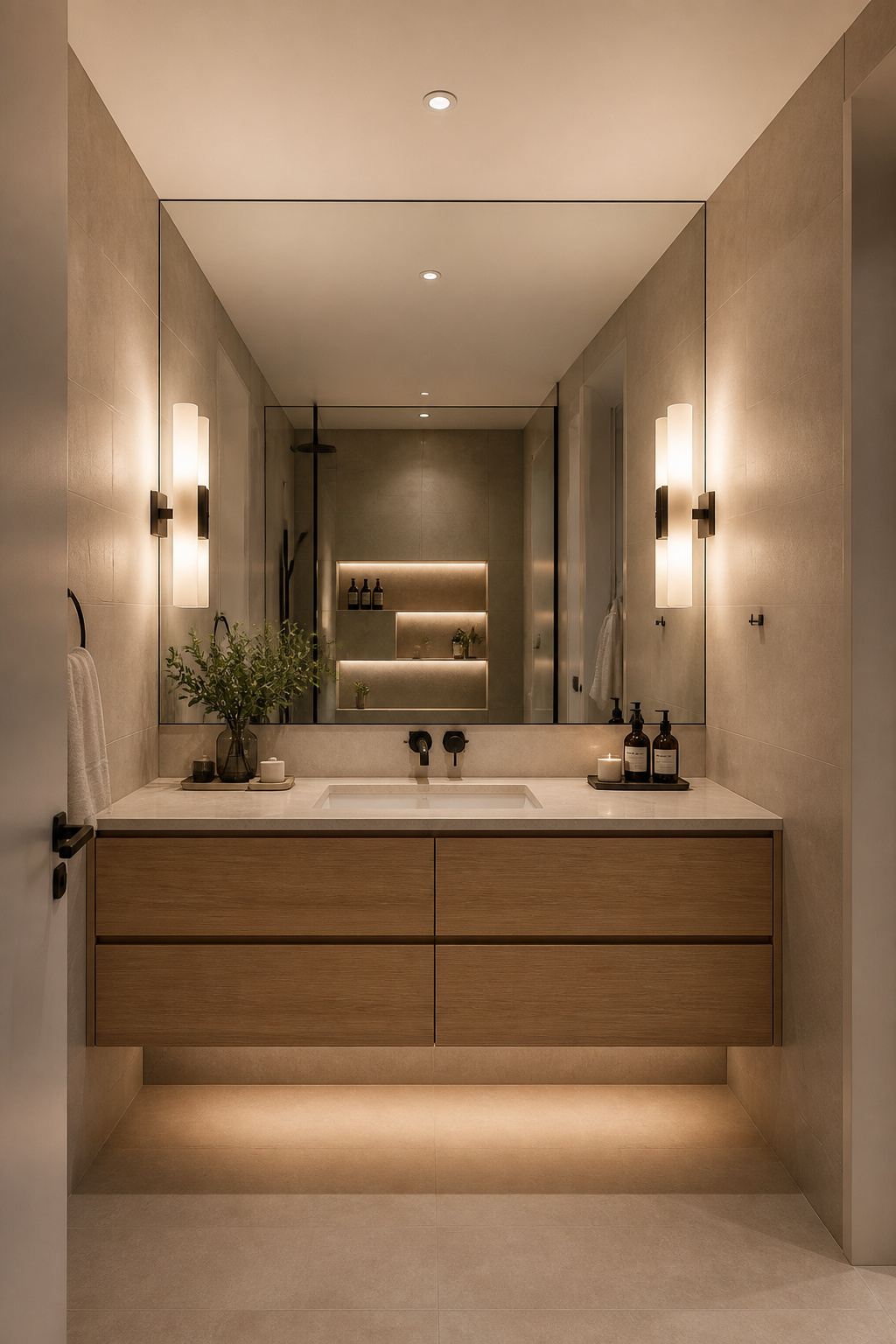 A wall-to-wall frameless mirror — the entire vanity wall becomes reflective, and the brain reads the bathroom as twice as deep.