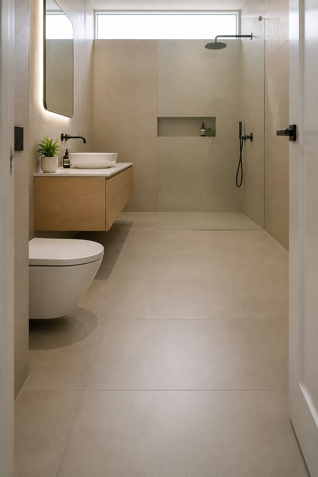 600x1200mm rectified tiles with 1.3mm joints — the floor reads as a single unbroken surface, and the room feels noticeably larger.