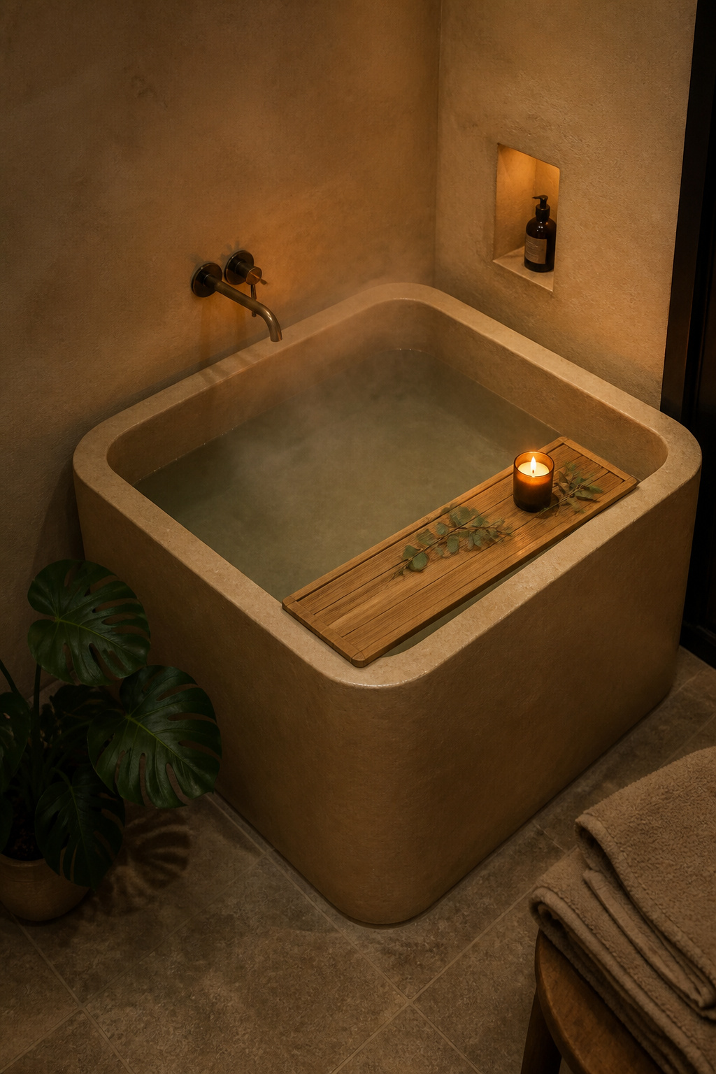 A Japanese ofuro in stone resin — the compact square footprint makes it possible in a 5×7 bathroom without giving up any sense of luxury.