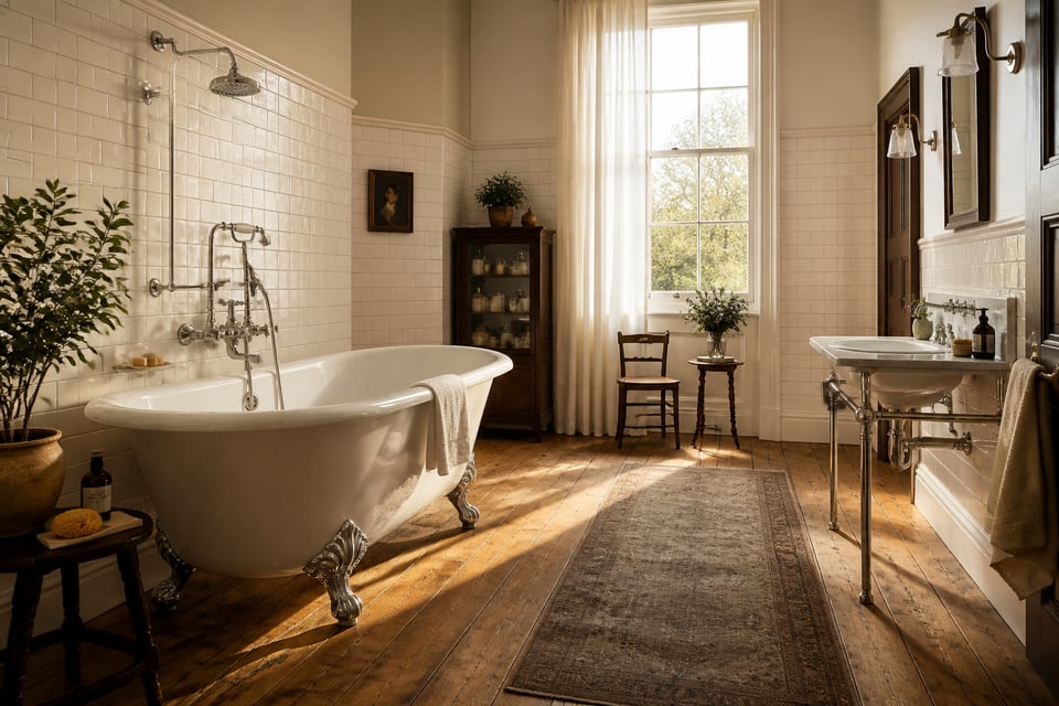 A beautifully restored period bathroom with a white cast iron clawfoot tub, subway tile walls, and polished nickel fittings — the gold standard for historic home bathtub remodels.