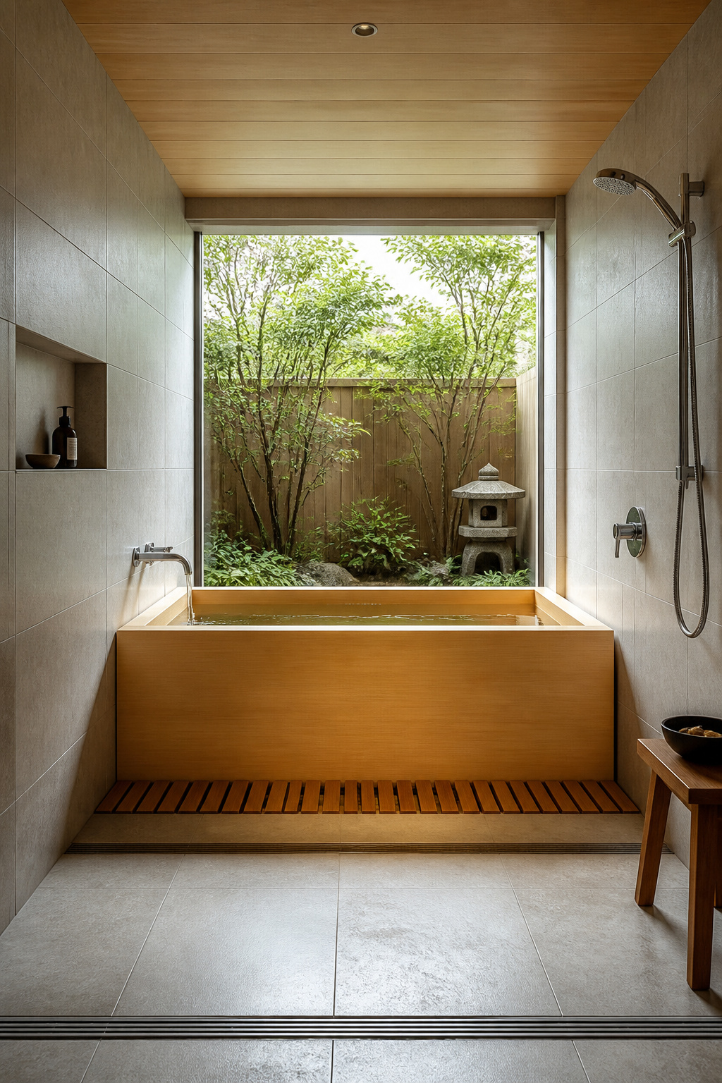 A hinoki cedar Japanese ofuro soaking tub set in a full wet room with honed grey porcelain, teak sunoko floor grating, and natural garden light — a private sanctuary for deep immersive soaking.