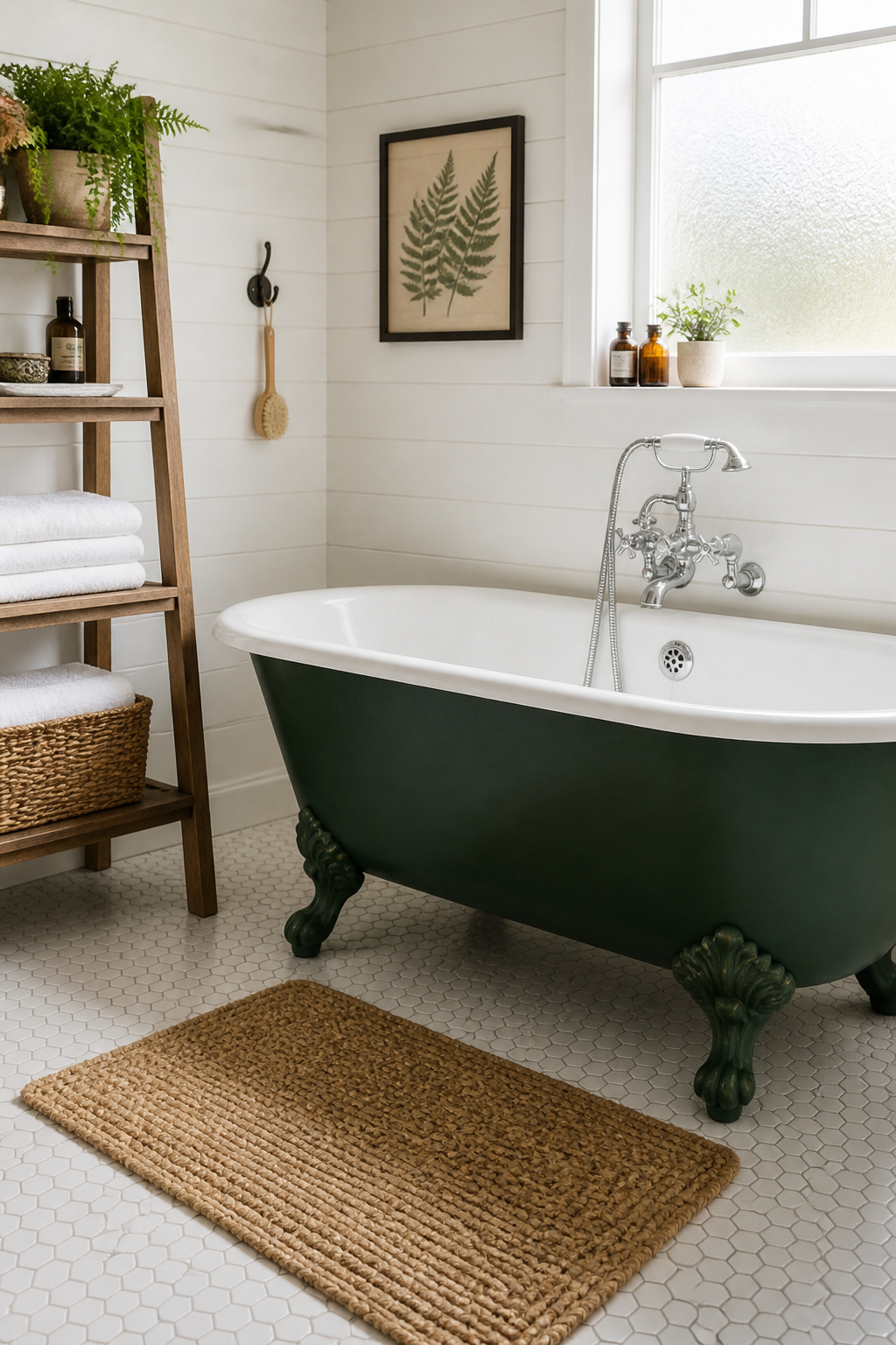 A cast iron clawfoot tub with a deep forest green reglazed exterior becomes the focal point of a simple farmhouse bathroom — the most affordable bathtub transformation available.