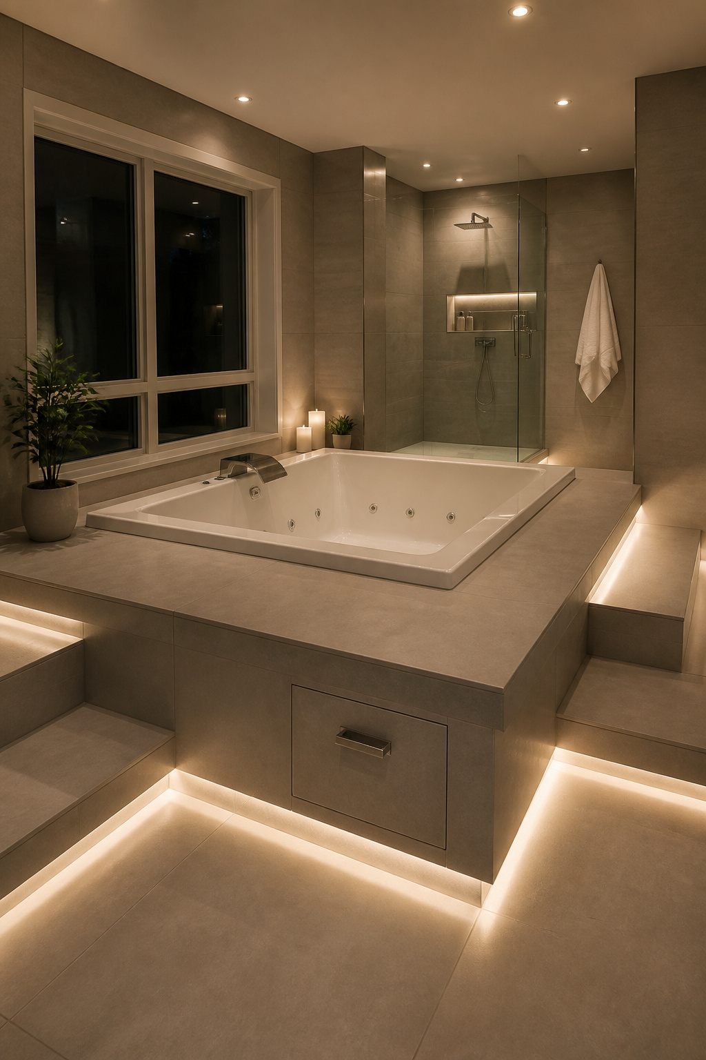 A luxury air bath upgrade in a tiled platform deck with LED perimeter lighting and brushed nickel fittings — a complete renovation of a neglected jetted tub into a daily-use spa feature.