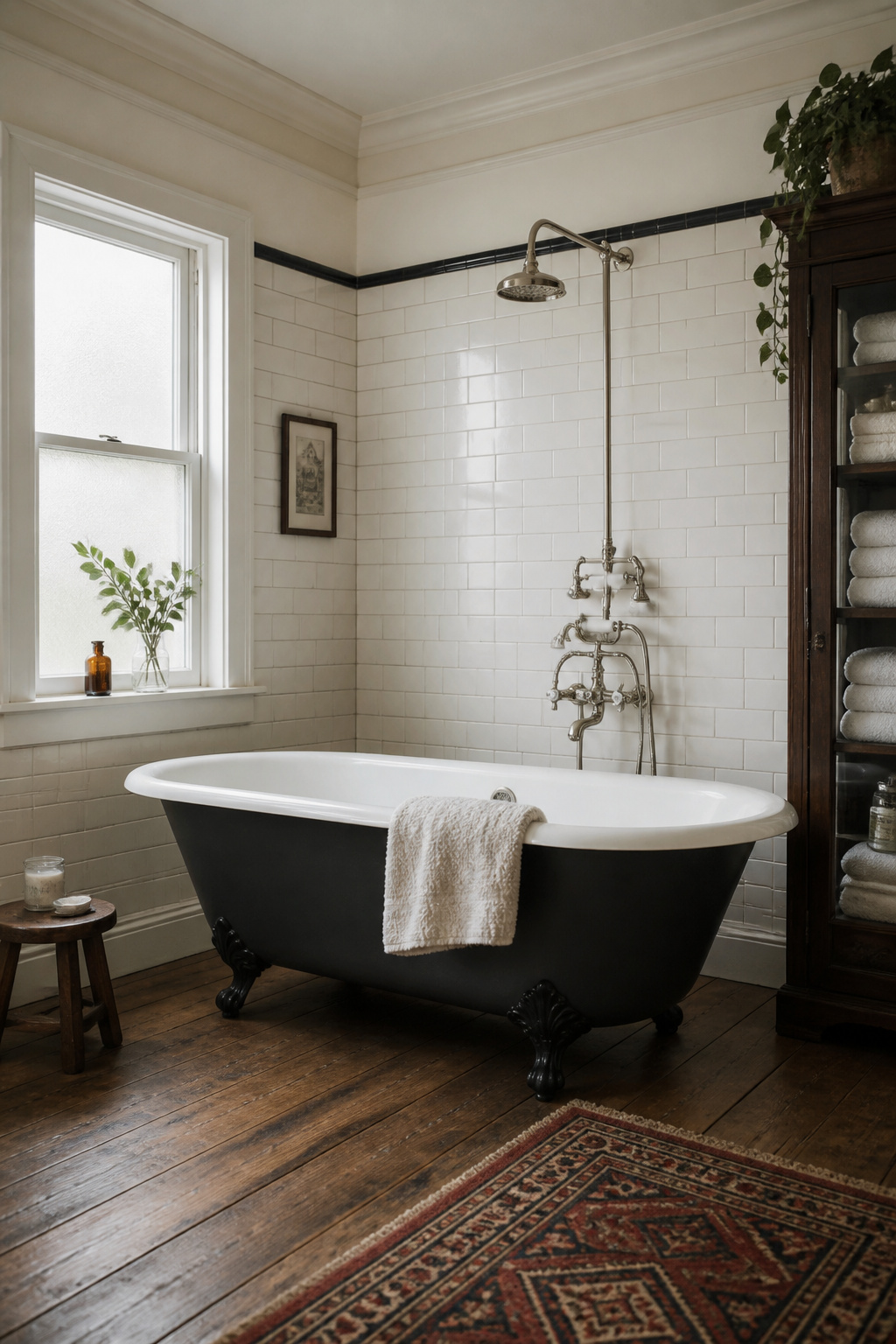 A professionally reglazed cast iron clawfoot tub with charcoal-painted exterior and matte black ball-and-claw feet — the centrepiece of a period-authentic bathroom restoration.
