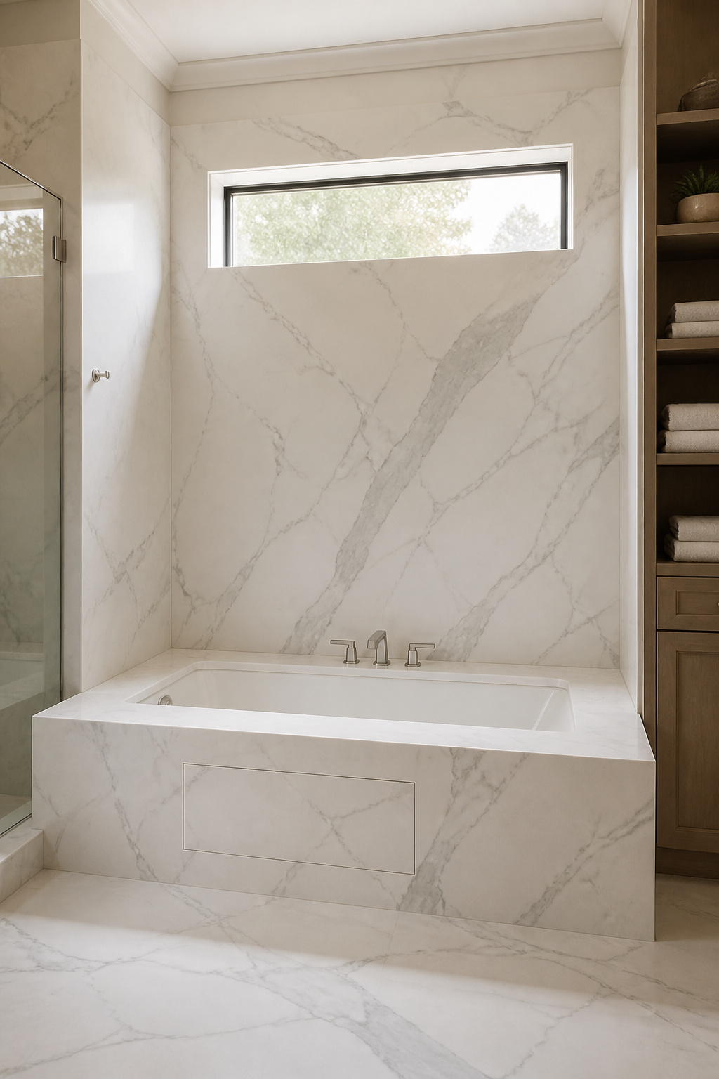 An undermount bathtub recessed into a honed Calacatta marble platform with a mitered waterfall edge — the most architecturally seamless way to install a bathtub in a master suite.