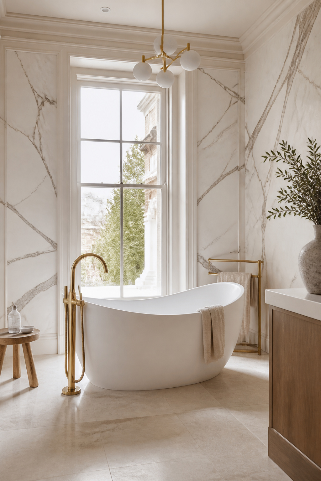 A stone-resin freestanding soaker tub as the architectural centrepiece of a bright bathroom, paired with a sculptural floor-mount brass filler and honed limestone floors.