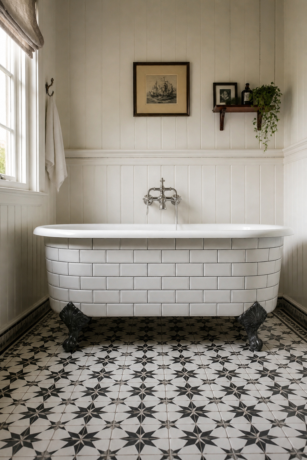 A roll-top tub with a period-correct tiled front panel surround in beveled white metro tile with charcoal grout — an Edwardian-era bathroom detail faithfully restored.