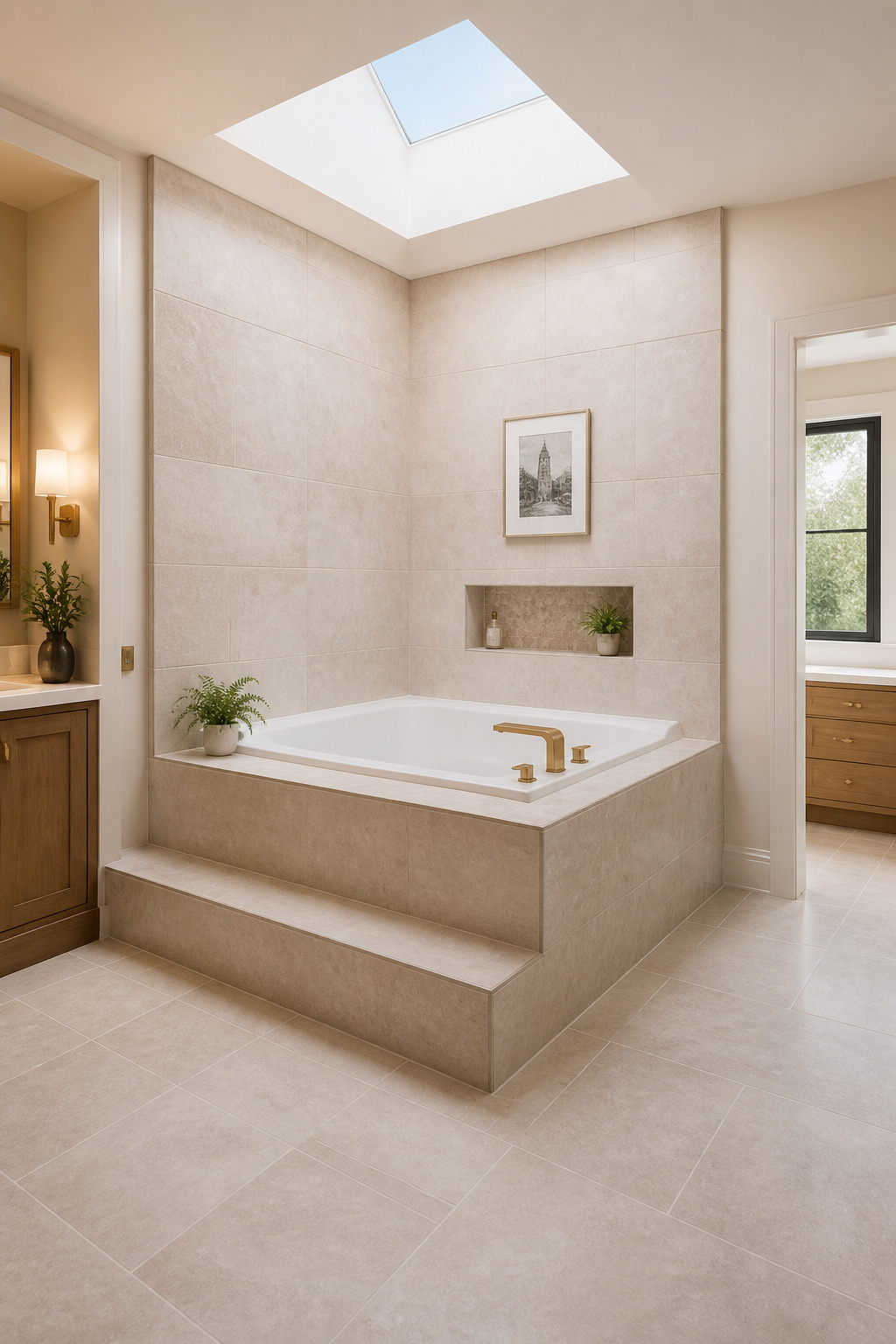 A corner bathtub remodel with large-format sand porcelain deck and surround tiles, clean metal edge profiles, and brushed gold hardware — an irregular corner transformed into a spa feature.