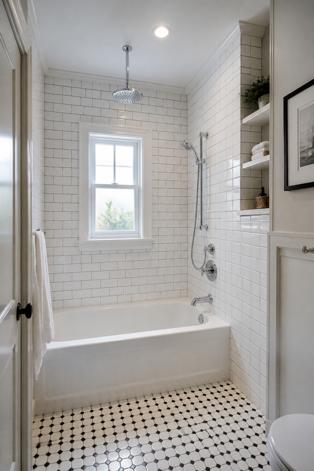 A classic alcove bathtub remodel with 3x6 beveled white subway tile, charcoal grout, and period-correct black-and-white hexagon mosaic floor — traditional details that never go out of style.