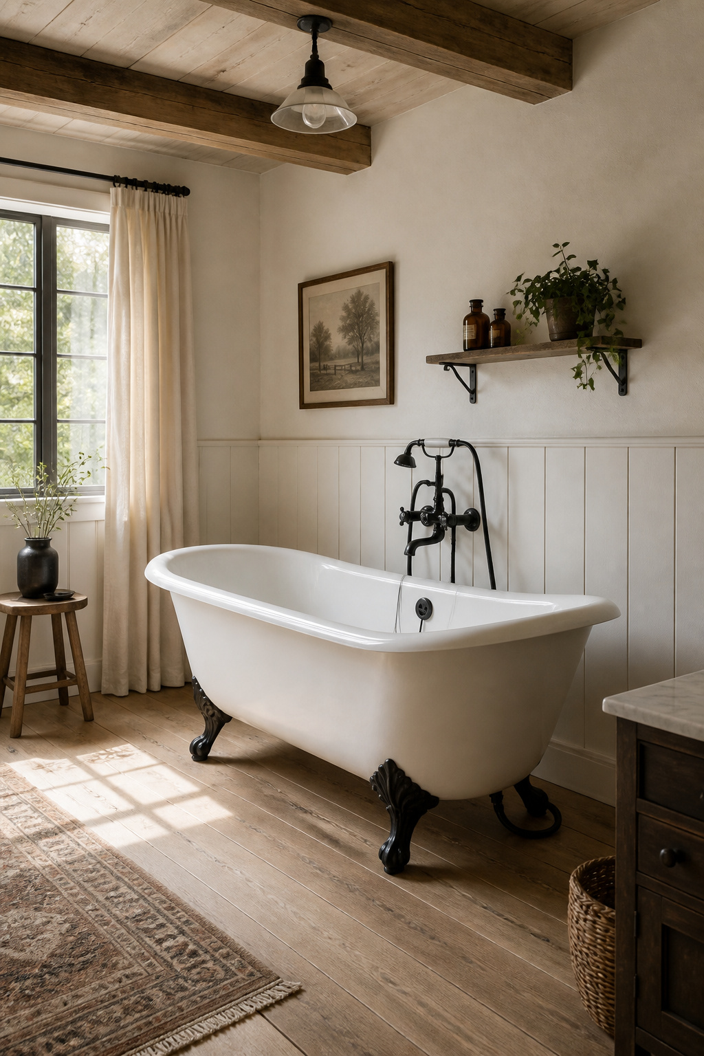 A farmhouse roll-top tub with matte black ball-and-claw feet and exposed matte black plumbing — a Victorian form made thoroughly current by a bold hardware finish.