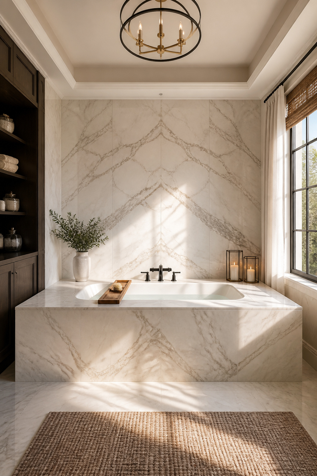 A drop-in soaker tub set into a honed Calacatta marble deck with a mitered waterfall edge and deck-mount matte black waterfall filler — refined stone craftsmanship.