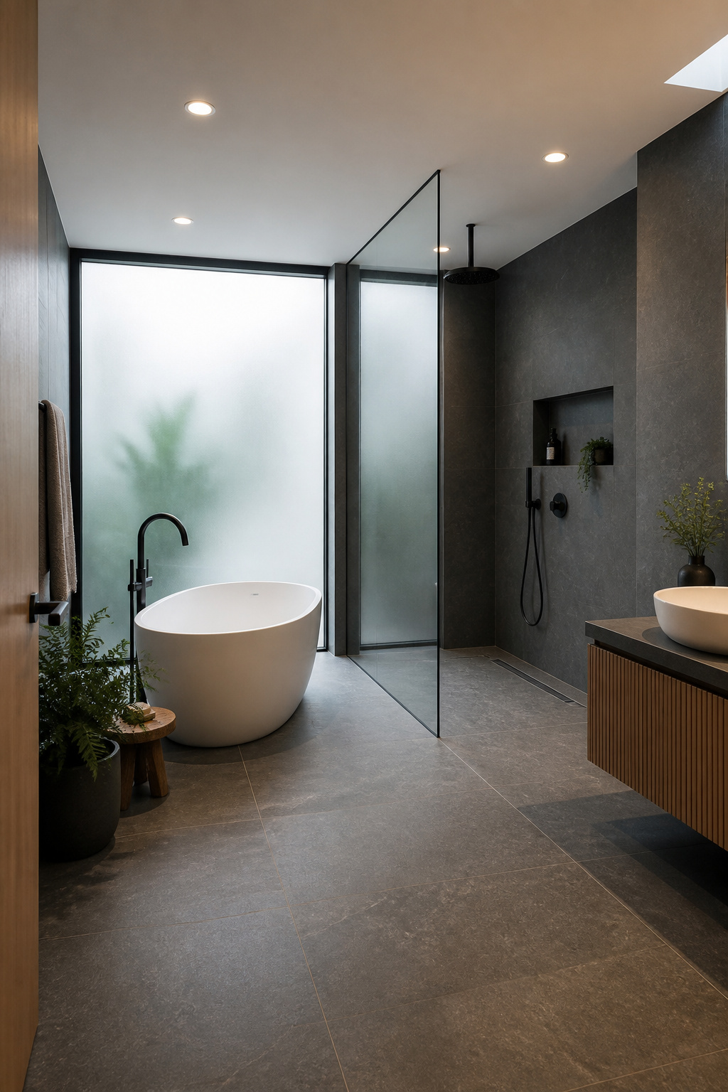 A wet room pairing a matte white stone-resin freestanding tub with an open shower zone on continuous charcoal honed porcelain — the most ambitious and rewarding bathtub remodel format.