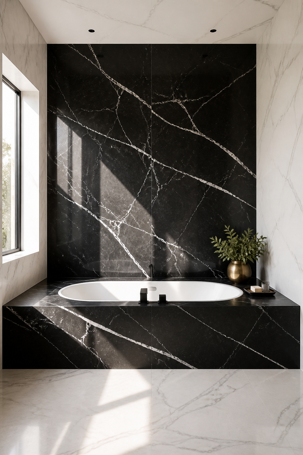 A bathtub remodel featuring a Nero Marquina marble deck surround with full vein-matched wall — dramatic black-and-white stone craftsmanship that transforms the entire room.