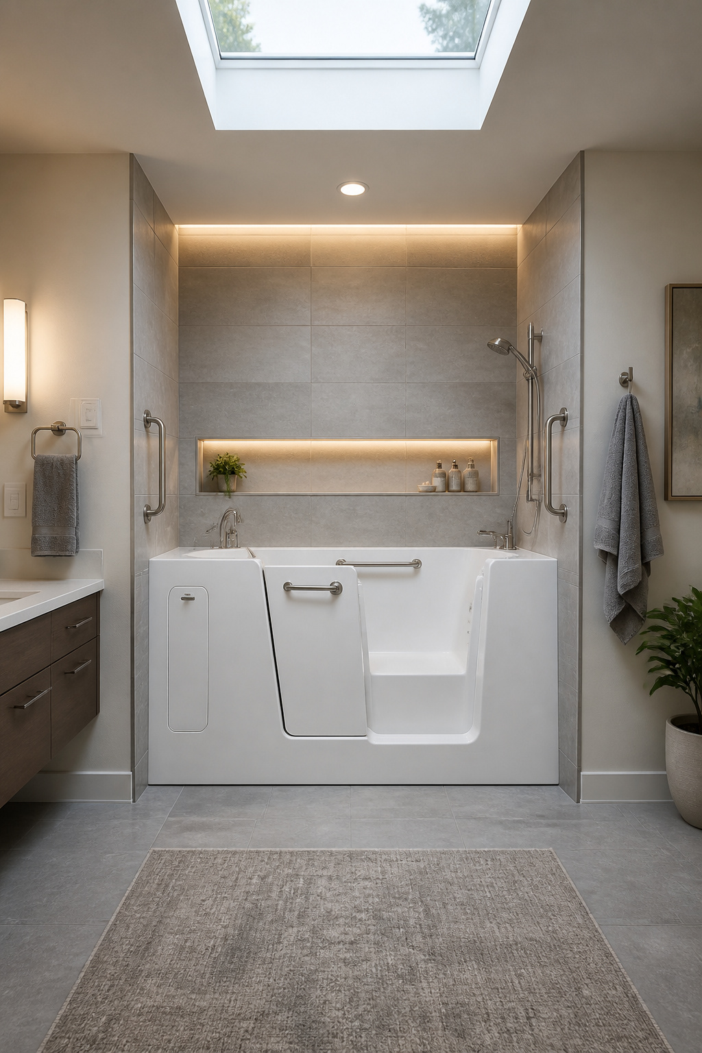 A contemporary walk-in tub that looks like a designed spa feature — clean grey porcelain surround, chrome grab bars as architectural detail, and a built-in bench seat.